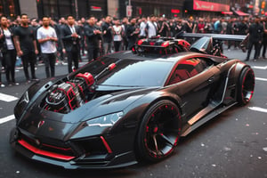 Lamborghini , concept car, fancy cyborg design, futuristic, cyborg style,cyberpunk style, surrounded by people , Drifting New York City, Black color, glossy, Light red color wheels,detailmaster2, high details, front perspective view,cyberpunk,pturbo