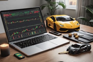laptop with candlestick pattern trading , realistic laptop, realistic trading candles, aesthetic, and realistic money on table, and i pad and Lamborghini car key, everything will be realistic graphics