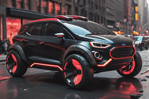 Ford Ecosport ,concept car, fancy cyborg design, futuristic, cyborg style,cyberpunk style, surrounded by people , Drifting New York City, Black color, glossy, Light red color wheels,detailmaster2, high details, front perspective view,cyberpunk,pturbo