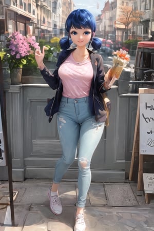 masterpiece, best quality, full body view, 1 girl, alone, looking at viewer, blue eyes, big breasts, blue hair, white shirt, shirt with pink flower print, two pigtails, short hair, black jacket, pants denim, smile