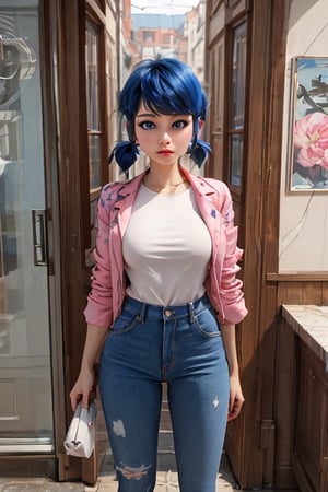 masterpiece, best quality, full body view, 1 girl, alone, looking at viewer, blue eyes, big breasts, blue hair, white shirt, shirt with pink flower print, two pigtails, short hair, black jacket, pants denim, 