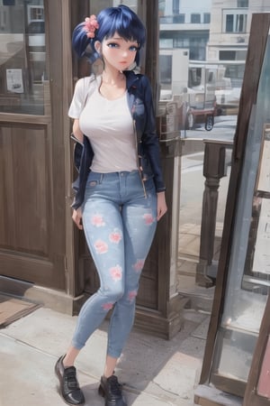 masterpiece, best quality, full body view, 1 girl, alone, looking at viewer, blue eyes, big breasts, blue hair, white shirt, shirt with pink flower print, two pigtails, short hair, black jacket, pants denim, 