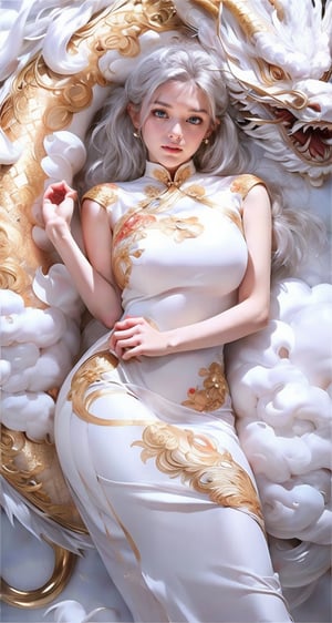 unparalleled masterpiece, perfect artwork, 8k, Ultra realistically, by Alphonse Mucha, art nouveau, 
(long cheongsam:1) , (pearl dress:1.4), (tight dress:1.2), gold leaf covered, dragonbaby, (chinese dragon:1.3), Gorgeous, (huge breasts :1.2), legs, laying on the dragon, 
extremely detailed, (bangs:1.4), look at viewer,
long hair,  (white hair:1.3), mature female,  (smile:0.8), white skin, skinny,  moles, earrings, China, flowers, floral patterns, color pattern, sunlight, cloud, luxury, twine, ocean, wedding,