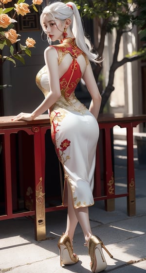 unparalleled masterpiece, perfect artwork, 8k, Ultra realistically, by Alphonse Mucha, art nouveau, 
(long cheongsam:1) , (red and gold cheongsam:1.5), 
(huge breasts:1), (gigantic breasts:0.5),
extremely detailed cheongsam, (bangs:1.4), ass, back,
long hair, (white hair:1.3),(elf ears), mature female,  (smile:0.8), white skin, skinny,  moles, (high-heeled:1.1), earrings, outdoor, China, flowers, floral patterns, color pattern, 