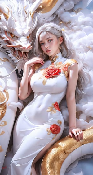 unparalleled masterpiece, perfect artwork, 8k, Ultra realistically, by Alphonse Mucha, art nouveau, 
(long cheongsam:1) , (misty rose dress:1.4), (tight dress:1.2), gold leaf covered, dragonbaby, (chinese dragon:1.3), Gorgeous, (huge breasts :1.2), legs, laying on the dragon, 
extremely detailed, (bangs:1.4), look at viewer,
long hair,  (white hair:1.3), mature female,  (smile:0.8), white skin, skinny,  moles, earrings, China, flowers, floral patterns, color pattern, sunlight, cloud, luxury, twine, ocean, wedding,