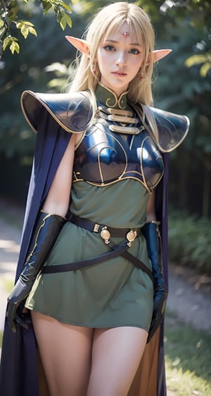 photograph, 8k, Ultra realistic,
pointy ears, blonde hair, long hair, elf, circlet, green eyes, long pointy ears, very long hair, breasts, medium breasts, earrings, lips, makeup, bangs, slender eyes,
cape, armor, blue cape, shoulder armor, pauldrons, gloves, breastplate, belt, green dress, short dress,
ANI_CLASSIC_deedlit_ownwaifu,