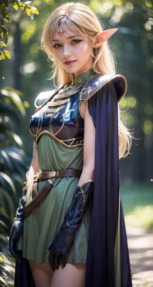 photograph, 8k, Ultra realistic,
pointy ears, blonde hair, long hair, elf, circlet, green eyes, long pointy ears, very long hair, breasts, medium breasts, earrings, lips, makeup, bangs, slender eyes, straight hair,
smile,
cape, armor, blue cape, shoulder armor, pauldrons, gloves, breastplate, belt, green dress, short dress,
ANI_CLASSIC_deedlit_ownwaifu, www.ownwaifu.com,