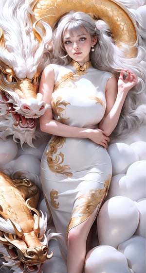 unparalleled masterpiece, perfect artwork, 8k, Ultra realistically, by Alphonse Mucha, art nouveau, 
(long cheongsam:1) , (pearl dress:1.4), (tight dress:1.2), gold leaf covered, dragonbaby, (chinese dragon:1.3), Gorgeous, (huge breasts :1.2), legs,
extremely detailed, (bangs:1.4), look at viewer,
long hair,  (white hair:1.3), mature female,  (smile:0.8), white skin, skinny,  moles, earrings, China, flowers, floral patterns, color pattern, sunlight, cloud, luxury, twine, ocean, wedding,