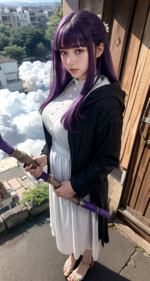 photograph, 8k, Ultra realistic, (holding:1.3), (long staff:1.6),
(dark_purple hair:1.3), (large breasts:1), long hair, purple eyes, very long hair, lips, makeup, (blunt bangs), straight hair, mature female, (skinny:1), 
blush, 
long dress, white dress, black robe, long skirt, long sleeves,
outdoor, (full body:1.8), (flying in sky:1.5), float,
flower, petals, sky, cloud, skyline, fluttering,

extremely detailed, Bright_Front_face_Lighting,shiny skin, (masterpiece:1.0),(best_quality:1.0), ultra high res,4K,ultra-detailed, photography, 8K, HDR, highres, (absurdres:1.2), Kodak portra 400, film grain, lens flare, (vibrant_color:1.2),professional photograph, (beautiful_face:1.5),