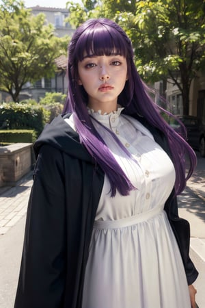 photograph, 8k, Ultra realistic,
(dark_purple hair:1.3), (large breasts:1), long hair, purple eyes, very long hair, lips, makeup, (blunt bangs), straight hair, mature female, (skinny:1.1), 
long dress, white dress, black robe, long dress, long sleeves, 
 (puffing up cheeks:1.2), 
outdoor, trees,
extremely detailed, Bright_Front_face_Lighting,shiny skin, (masterpiece:1.0),(best_quality:1.0), ultra high res,4K,ultra-detailed, photography, 8K, HDR, highres, (absurdres:1.2), Kodak portra 400, film grain, lens flare, (vibrant_color:1.2),professional photograph, 