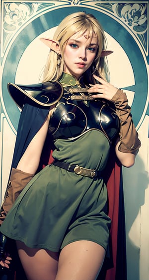 photograph, 8k, Ultra realistic, by Alphonse Mucha, art nouveau, 
pointy ears, blonde hair, long hair, elf, circlet, green eyes, long pointy ears, very long hair, breasts, medium breasts, earrings, lips, makeup, bangs,
cape, armor, blue cape, shoulder armor, pauldrons, gloves, breastplate, belt, green dress, short dress,
ANI_CLASSIC_deedlit_ownwaifu,