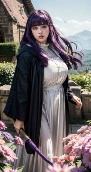 photograph, 8k, Ultra realistic,
(dark_purple hair:1.3), (large breasts:1), long hair, purple eyes, very long hair, lips, makeup, (blunt bangs), straight hair, mature female, (skinny:1), 
blush, 
long dress, white dress, black robe, long dress, long sleeves, black boots, (holding staff:1), 

(full body:1), flying, (body floating:1), (Tiptoe),
flower, petals, in air, magic, (floating:1), 
skyhigh, mountain, castle, 

extremely detailed, Bright_Front_face_Lighting,shiny skin, (masterpiece:1.0),(best_quality:1.0), ultra high res,4K,ultra-detailed, photography, 8K, HDR, highres, (absurdres:1.2), Kodak portra 400, film grain, lens flare, (vibrant_color:1.2),professional photograph, 