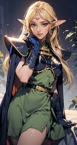 photograph, 8k, Ultra realistic,
pointy ears, blonde hair, long hair, elf, circlet, green eyes, long pointy ears, very long hair, breasts, medium breasts, earrings, lips, makeup, bangs, slender eyes, straight hair,
smile,
cape, armor, blue cape, shoulder armor, pauldrons, gloves, breastplate, belt, green dress, short dress,
ANI_CLASSIC_deedlit_ownwaifu, www.ownwaifu.com,