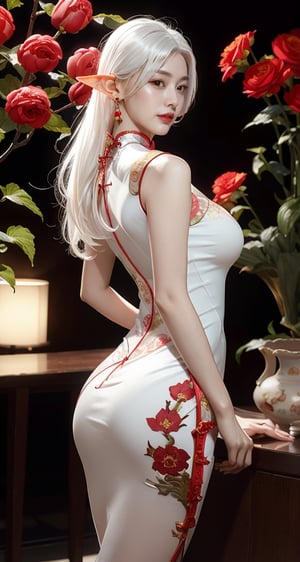 unparalleled masterpiece, perfect artwork, 8k, Ultra realistically, by Alphonse Mucha, art nouveau, 
(long cheongsam:1) , (red cheongsam:1.5), 
(huge breasts:1), (gigantic breasts:0.5),
extremely detailed cheongsam, (bangs:1.4), ass, back,
long hair, (white hair:1.3),(elf ears), mature female,  (smile:0.8), white skin, skinny,  moles, (high-heeled:1.1), earrings, outdoor, China, flowers, floral patterns, color pattern, 