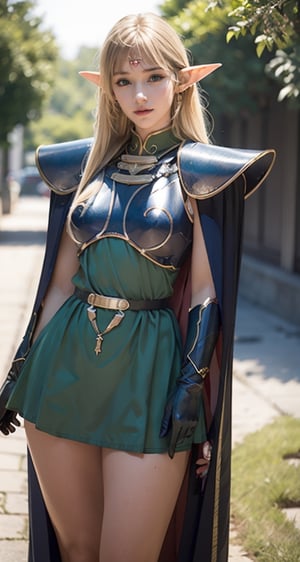 photograph, 8k, Ultra realistic,
pointy ears, blonde hair, long hair, elf, circlet, green eyes, long pointy ears, very long hair, breasts, medium breasts, earrings, lips, makeup, bangs, slender eyes,
cape, armor, blue cape, shoulder armor, pauldrons, gloves, breastplate, belt, green dress, short dress,
ANI_CLASSIC_deedlit_ownwaifu,