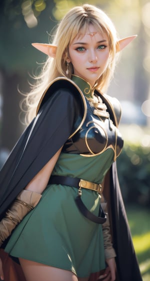 ANI_CLASSIC_deedlit_ownwaifu, www.ownwaifu.com, pointy ears, blonde hair, long hair, elf, circlet, green eyes, long pointy ears, very long hair, breasts, medium breasts, earrings, lips, makeup, bangs, smile,
cape, armor, blue cape, shoulder armor, pauldrons, gloves, breastplate, belt, green dress, short dress,  official art,extremely detailed CG unity 8k wallpaper, perfect lighting,Colorful, Bright_Front_face_Lighting,shiny skin, (masterpiece:1.0),(best_quality:1.0), ultra high res,4K,ultra-detailed, photography, 8K, HDR, highres, (absurdres:1.2), Kodak portra 400, film grain, blurry background, (bokeh:1.2), lens flare, (vibrant_color:1.2),professional photograph, (beautiful_face:1.5),