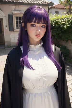 photograph, 8k, Ultra realistic,
(dark_purple hair:1.3), (large breasts:1), long hair, purple eyes, very long hair, lips, makeup, (blunt bangs), straight hair, mature female, (skinny:1.3), 
long dress, white dress, black robe, long dress, long sleeves, 
 (puffing up cheeks:0.5), 
outdoor, 
extremely detailed, Bright_Front_face_Lighting,shiny skin, (masterpiece:1.0),(best_quality:1.0), ultra high res,4K,ultra-detailed, photography, 8K, HDR, highres, (absurdres:1.2), Kodak portra 400, film grain, lens flare, (vibrant_color:1.2),professional photograph, 