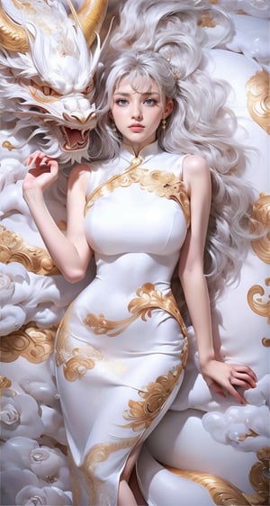 unparalleled masterpiece, perfect artwork, 8k, Ultra realistically, by Alphonse Mucha, art nouveau, 
(long cheongsam:1) , (pearl dress:1.4), (tight dress:1.2), gold leaf covered, dragonbaby, (chinese dragon:1.3), Gorgeous, (huge breasts :1.2), legs, laying on the dragon, 
extremely detailed, (bangs:1.4), look at viewer,
long hair,  (white hair:1.3), mature female,  (smile:0.8), white skin, skinny,  moles, earrings, China, flowers, floral patterns, color pattern, sunlight, cloud, luxury, twine, ocean, wedding,