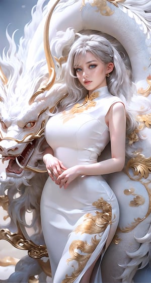 unparalleled masterpiece, perfect artwork, 8k, Ultra realistically, by Alphonse Mucha, art nouveau, 
(long cheongsam:1) , (pearl dress:1.3), (tight dress:1.2), gold leaf covered, dragonbaby, (chinese dragon:1.3), Gorgeous, (huge breasts :1.2), legs,
extremely detailed, (bangs:1.4), look at viewer,
long hair,  (white hair:1.3), mature female,  (smile:0.8), white skin, skinny,  moles, earrings, China, flowers, floral patterns, color pattern, sunlight, cloud, luxury, twine, ocean, wedding,