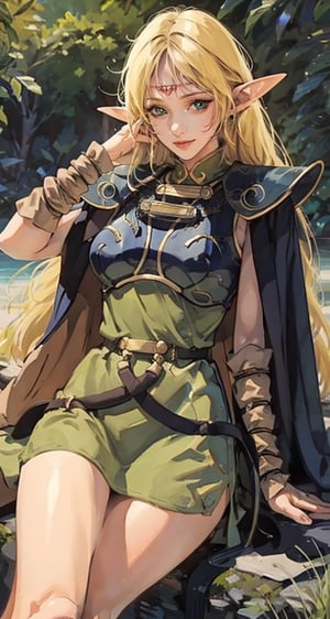 photograph, 8k, Ultra realistic,
pointy ears, blonde hair, long hair, elf, circlet, green eyes, long pointy ears, very long hair, breasts, medium breasts, earrings, lips, makeup, bangs, slender eyes, straight hair,
smile,
cape, armor, blue cape, shoulder armor, pauldrons, gloves, breastplate, belt, green dress, short dress,
ANI_CLASSIC_deedlit_ownwaifu, www.ownwaifu.com,