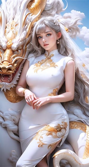 unparalleled masterpiece, perfect artwork, 8k, Ultra realistically, by Alphonse Mucha, art nouveau, 
(long cheongsam:1) , (pearl dress:1.4), (tight dress:1.2), gold leaf covered, dragonbaby, (chinese dragon:1.3), Gorgeous, (huge breasts :1.2), legs,
extremely detailed, (bangs:1.4), look at viewer,
long hair,  (white hair:1.3), mature female,  (smile:0.8), white skin, skinny,  moles, earrings, China, flowers, floral patterns, color pattern, sunlight, cloud, luxury, twine, ocean, wedding,