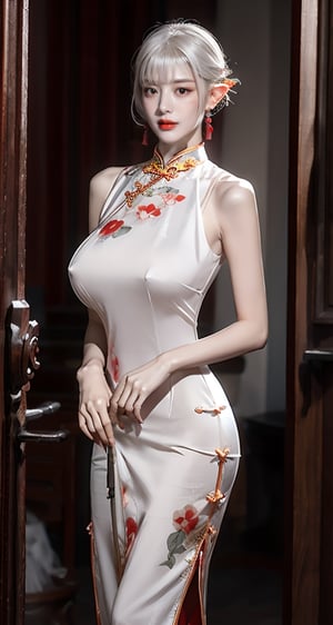 unparalleled masterpiece, perfect artwork, 8k, artstation, Ultra realistic, 
by Alphonse Mucha, art nouveau, 
(long cheongsam:1.2) , red-qipao, 
(huge breasts1.2), gigantic breasts,
extremely detailed, (bangs:1.5), 
long hair, (white hair:1.3),(elf ears), mature female,  (smile:0.8), skinny, moles, (high-heeled:1.1), earrings, flower-patten, dragon patten,