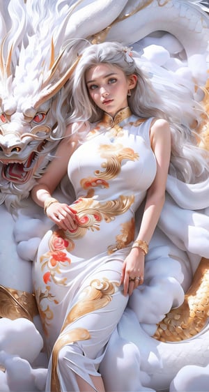 unparalleled masterpiece, perfect artwork, 8k, Ultra realistically, by Alphonse Mucha, art nouveau, 
(long cheongsam:1) , (powder snow dress:1.4), (tight dress:1.2), gold leaf covered, dragonbaby, (chinese dragon:1.3), Gorgeous, (huge breasts :1.2), legs, laying on the dragon, 
extremely detailed, (bangs:1.4), look at viewer,
long hair,  (white hair:1.3), mature female,  (smile:0.8), white skin, skinny,  moles, earrings, China, flowers, floral patterns, color pattern, sunlight, cloud, luxury, twine, ocean, wedding,