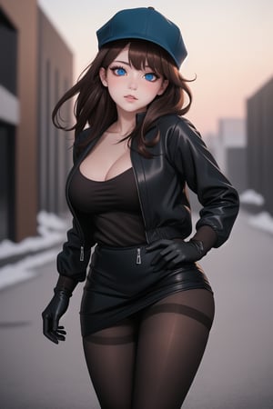 best quality, masterpiece:1.2, best quality,(kawaii:1.2), ultra-detailed, illustration, shy, (((night))), Highly detailed, High Quality, Masterpiece, beautiful, Girlfriend, 1girl,  1 red eye, 1 blue eye, (heterochromia), solo, black baseball cap, black winter jacket, black fingerless gloves, putting on gloves, black skirt, ((pantyhose)), standing, long hair, wide hips, thick thighs, large breasts, best shadows:1.2, god rays:1.1, ultra-realistic photography, extremely detailed natural texture, photorealistic, RAW photo, TanvirTamim, high quality, high res, sharp focus, extremely detailed, cinematic lighting, to the side, 8k uhd, high res, shy, nervous, (left red eye), (right blue eye), (heterochromia), dark brown hair, beautiful face, beautiful eyes, detailed eyes, realistic