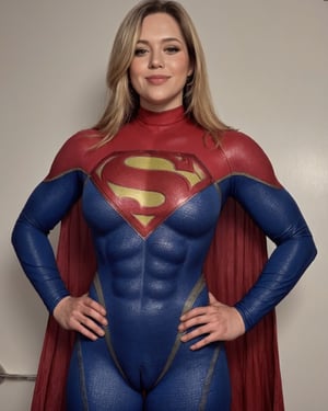 1girl, Melissa Benoist in Supergirl costume, muscular girl, masterpiece, super detail, (solo:1.1), perfect face, (dim lighting :1.2), 8k, high resolution, hyper realistic, full body portrait  