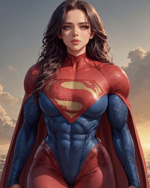 1girl, Melissa Benoist in Supergirl costume, muscular girl, masterpiece, super detail, (solo:1.1), perfect face, (dim lighting :1.2), 8k, high resolution