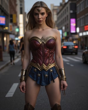 ((Anya Taylor-Joy)),(in Wonder Woman costume),pretty face,strong woman,RAW photo,(wide effect:1.2),(pale complexion), (a photo of 20y.o. woman:1.3), (pale skin:1.2), (abs:1.1), dim lit, (high detailed pale skin, detailed eyes:1.1), 8k uhd, dslr, soft lighting, intricate details, best quality, film grain, Fujifilm XT3, analog style, instagram, tik tok, (Pin up Girl style:1.2), (makeup:0.1),(in a fantasy world:1.2), (blushing face:1.2),tight clothes,fighting pose, full body portrait, in a city