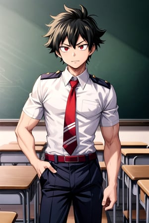 (medium short shot), 1 boy, alone, from boku no hero academia, very dark hair, red eyes, muscular, school uniform from bokuno hero acedimia, in the classroom