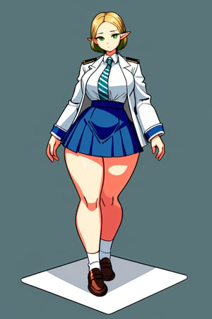 highly detailed, high quality, (general shot), 1 girl, elfa (green eyes, short blond hair, serius, well defined curvy figure), wearing a long-sleeved white buttoned shirt, a gray jacket with blue-green stripes and a red and white tie. a dark blue skirt, Brown shoes, detailed background, school stage,