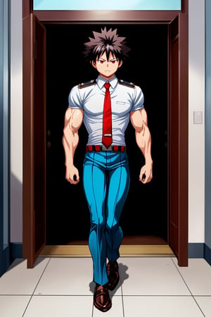 great general plan, a boy from boku no hero academia, red eyes, black hair, muscular, white_shirt, cyan_pants, red tie, brown shoes, in front of the entrance to a school