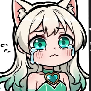 sad , sigh , crying , tear  , sexy , hentai ,  Emote , high quality, high res , highly detailed face, white background, chibi , 1girl , solo , cute face , kawaii , sexy , twitch , 1girl , loli , white blonde hair , green heart crystal , sexy , cat ears , dot eyebrow , blue green eyes  ,loli , angel , green dress , long hair , bangs