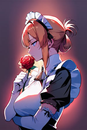 Prompt: score_9, score_8_up, score_7_up, score_6_up, zPDXL3, source_anime, mature, Risa, sniffing, holding a glowing red rose, upper_body, thinking, Noir maid outfit, maid headdress, elbow gloves, colorful, dark background, fading border, side lighting,