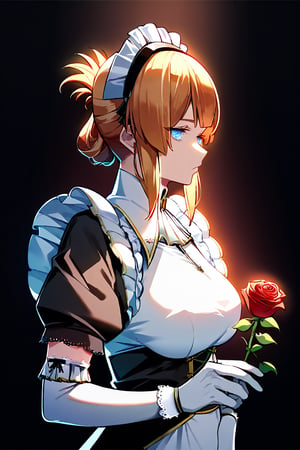 Prompt: score_9, score_8_up, score_7_up, score_6_up, zPDXL3, source_anime, mature, Risa, holding a glowing red rose, upper_body, thinking, Noir maid outfit, maid headdress, elbow gloves, colorful, dark background, fading border, side lighting,