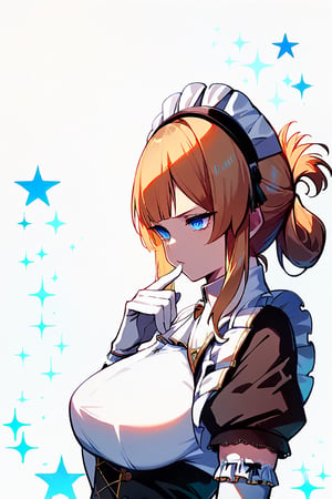 score_9, score_8_up, score_7_up, score_6_up, zPDXL3, source_anime, mature, Risa, upper_body, one hand on own chin, thinking, Noir maid outfit, maid headdress, elbow gloves, colorful, white background with blue stars, fading border, side lighting,