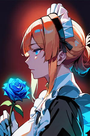 score_9, score_8_up, score_7_up, score_6_up, zPDXL3, source_anime, 1girl, solo, mature, Risa, holding a glowing rose, upper_body, thinking, Noir maid outfit, maid headdress, elbow gloves, colorful, dark background, fading border, side lighting,