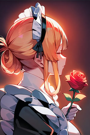 Prompt: score_9, score_8_up, score_7_up, score_6_up, zPDXL3, source_anime, mature, Risa, sniffing, holding a glowing red rose, upper_body, thinking, Noir maid outfit, maid headdress, elbow gloves, colorful, dark background, fading border, side lighting,