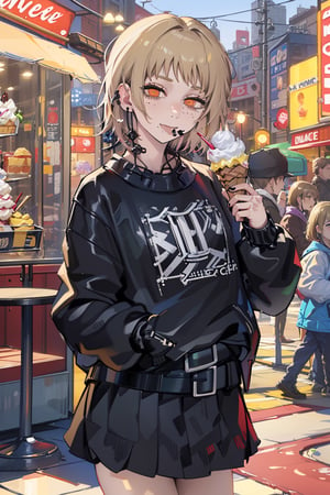 blonde girl, orange eyes, short hair, black clothes, pale skin, black jacket, bright look, bold smile, accessories in ear, holding an ice cream, vanilla ice cream in mouth. Background: a busy street, an ice cream parlor.