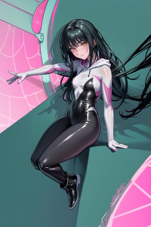 High quality, masterpiece, beautiful, highly detailed, young woman with long hair, black hair, orange eyes, ringed eyes, scar on face above nose, white spider suit, full body suit, black jumpsuit with white areas with a spider. design, a white hoodie with magenta inner lining with cyan spider web patterns, combining magenta and cyan designs on her arms and cyan on her boots, flirty smile, blush on her cheeks, Background: sitting on a building