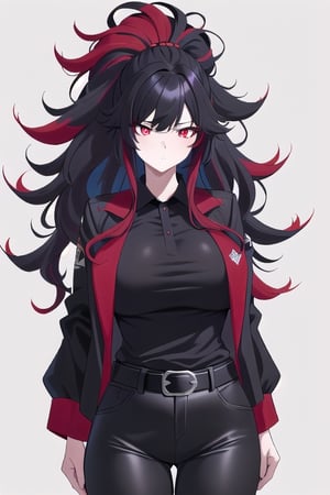woman with long hair, messy hair, bicolor hair of 2 colors: Red and black one on each side of the hair, red hair on the left, black hair on the right, red eyes, big chest, wearing a black jacket, polo shirt white, black pants with belt