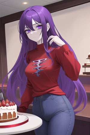 woman with long purple hair, purple eyes, dark circles under her eyes, beautiful skin, pale skin, red shirt, blue pants, fork in her left hand, eating a cake