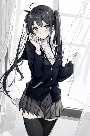 sketch, anime girl, cute, half finnished drawing, pencil drawn, messy drawing, drawing, black and white, twintails, school uniform with cleavage, sexy, revealing school uniform,  bangs, short skirt, thighhighs, small breasts, looking at viewer, embarased, blushing, shy, setting at school, standing by window,komi_sch