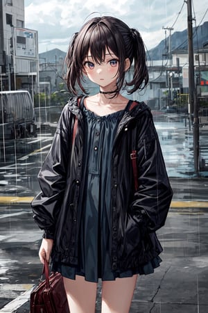 1 girl looking_at_viewer, cute outfit, coutryside, raining, cloudy 