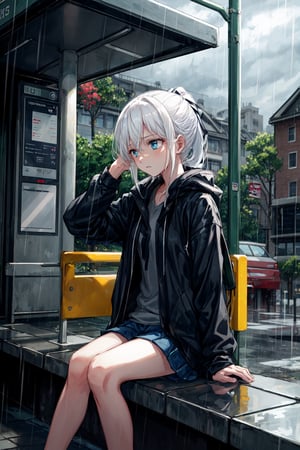 Busstop, outside, rain, cloudy weather, 1 girl, sitting, white hair, ponytail hair, melancholy 