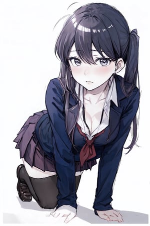 sketch, anime girl, cute, half finnished drawing, pencil drawn, messy drawing, drawing, black and white, twintails, school uniform with cleavage, sexy, revealing school uniform,  bangs, short skirt, thighhighs, small breasts, looking at viewer, embarased, blushing, shy, horny, very embarassed, setting at school, komi_sch, sitting on all fours, presenting, begging, all fours pose,all fours