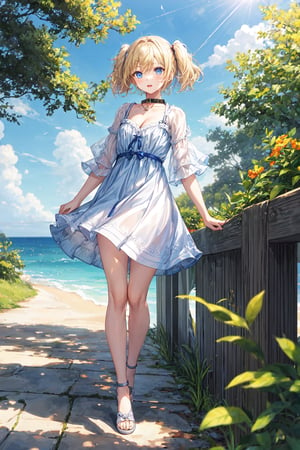 1 girl, short hair, twintails, blonde hair, blue eyes, short dress, dog collar, cleavage, outside, coutryside, summer, windy