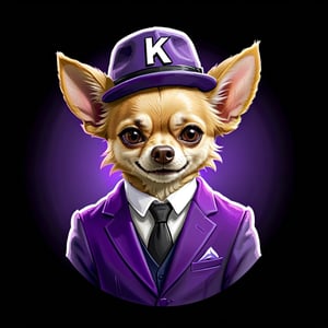 cartoon logo, mascot logo, a portrait, a chihuahua, with a purple hat with a feather, in a purple suit, with a smile, letter K on the hat, logo design